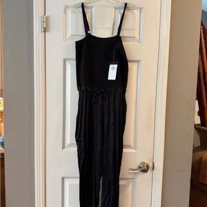 Chaser Smocked Black Jumpsuit Size L Adjustable Straps Wide Leg